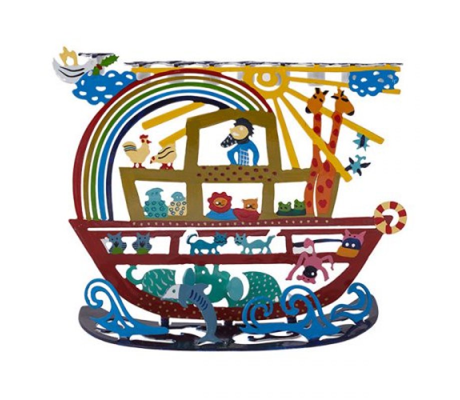 Hand Painted Colorful Hanukkah Menorah, Noah's Ark - Yair Emanuel