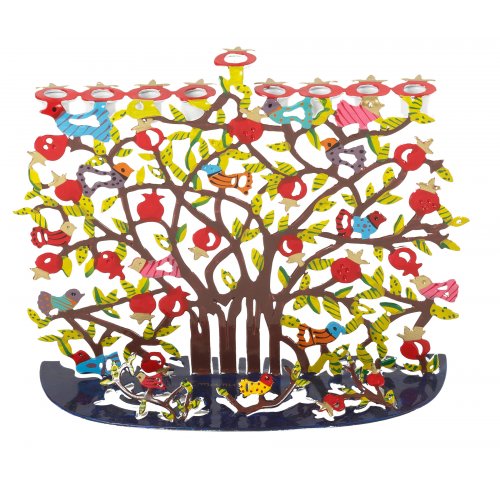 Hand Painted Colorful Hanukkah Menorah of Pomegranates - Yair Emanuel