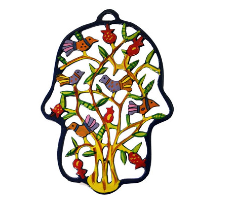 Hand Painted Colorful Laser Cut Wall Hamsa, Birds - Yair Emanuel