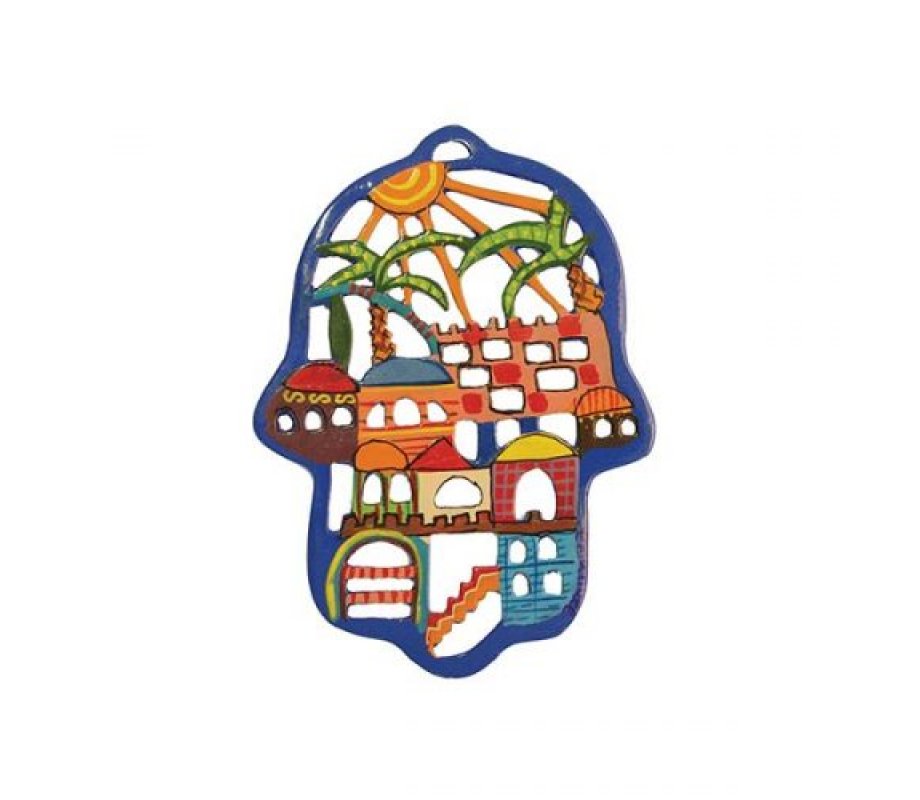 Hand Painted Colorful Laser Cut Wall Hamsa, Jerusalem - Yair Emanuel