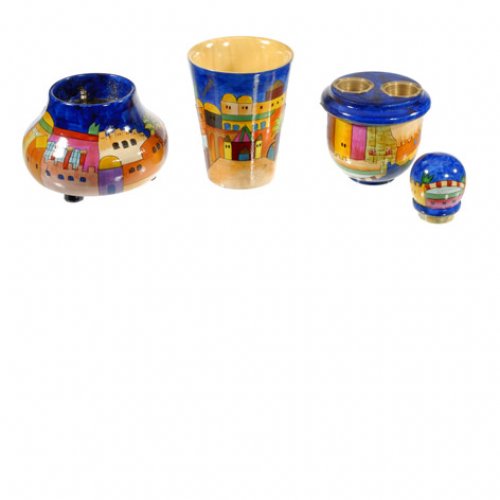 Hand Painted Compact Shabbat Candlesticks and Havdalah Set, Jerusalem - Yair Emanuel