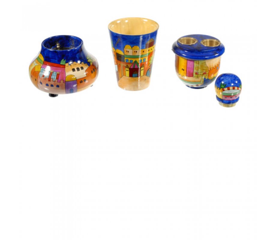 Hand Painted Compact Shabbat Candlesticks and Havdalah Set, Jerusalem - Yair Emanuel