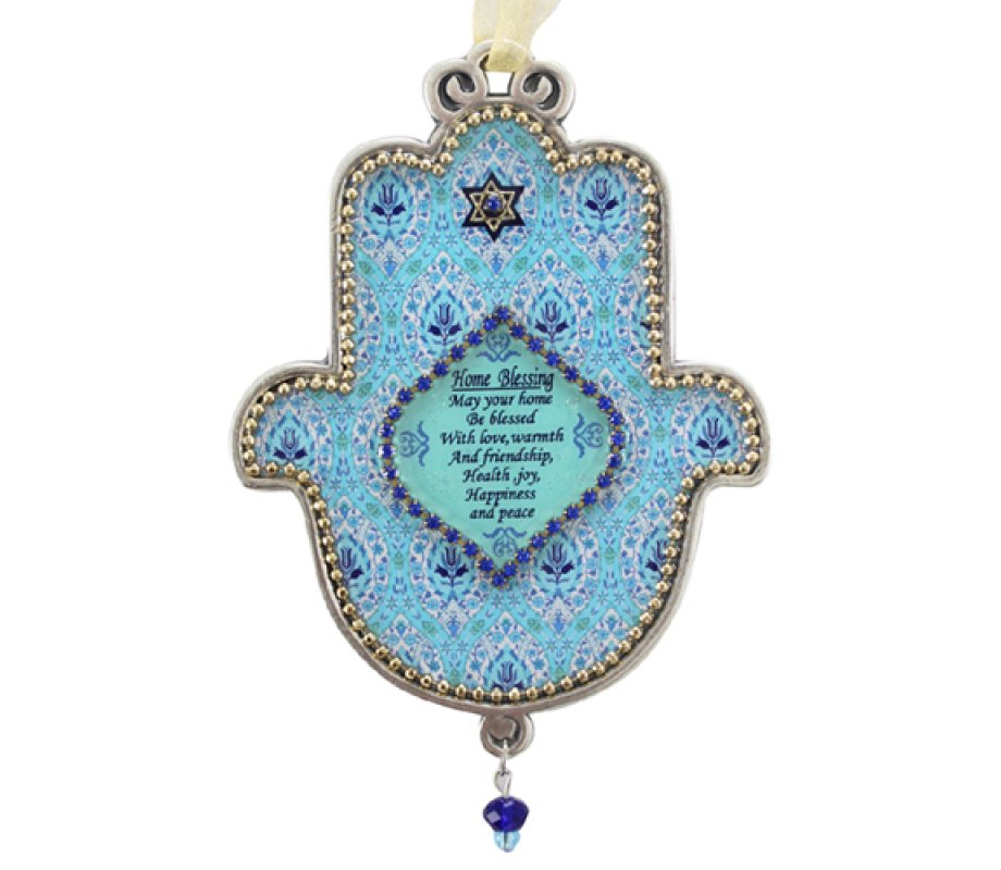 Hand Painted Hamsa English Home Blessing Wall Plaque, Turquoise - Iris Design