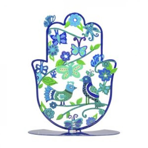 Hand Painted Hamsa on a Base, Blue Pastoral Scene - Yair Emanuel