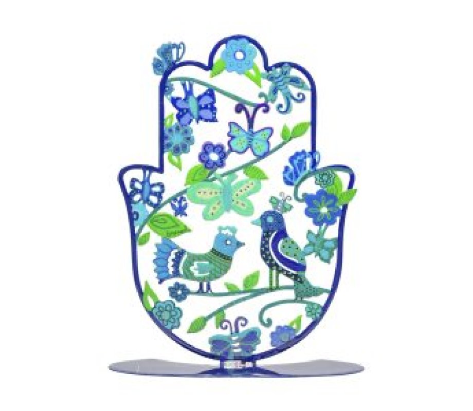 Hand Painted Hamsa on a Base, Blue Pastoral Scene - Yair Emanuel