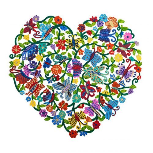 Hand Painted Heart Shaped Wall Hanging with Flowers and Butterflies - Yair Emanuel