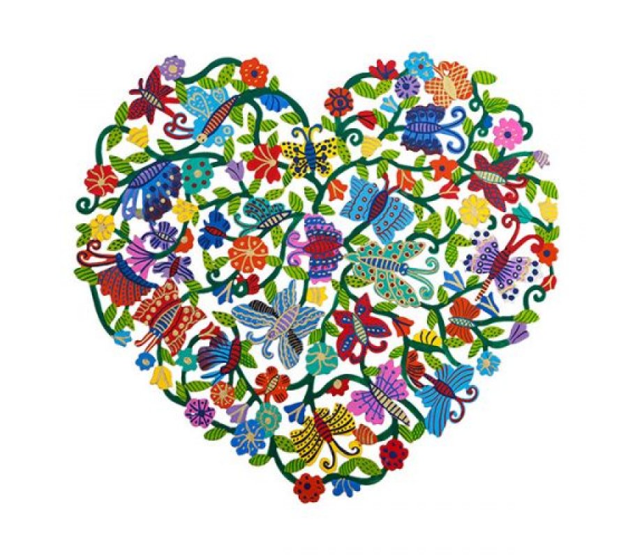 Hand Painted Heart Shaped Wall Hanging with Flowers and Butterflies - Yair Emanuel
