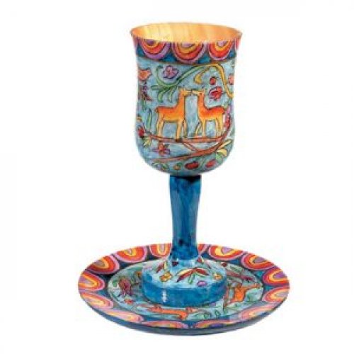 Hand Painted Large Wood Kiddush Cup with Coaster, Jerusalem Scenes - Yair Emanuel