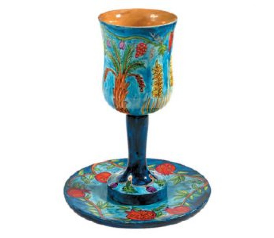 Hand Painted Large Wood Kiddush Cup with Coaster, Seven Species - Yair Emanuel