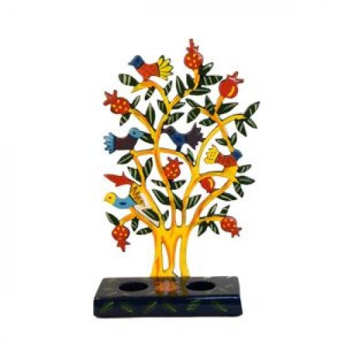 Hand Painted Laser Cut Candlesticks, Pomegranate Tree and Birds - Yair Emanuel