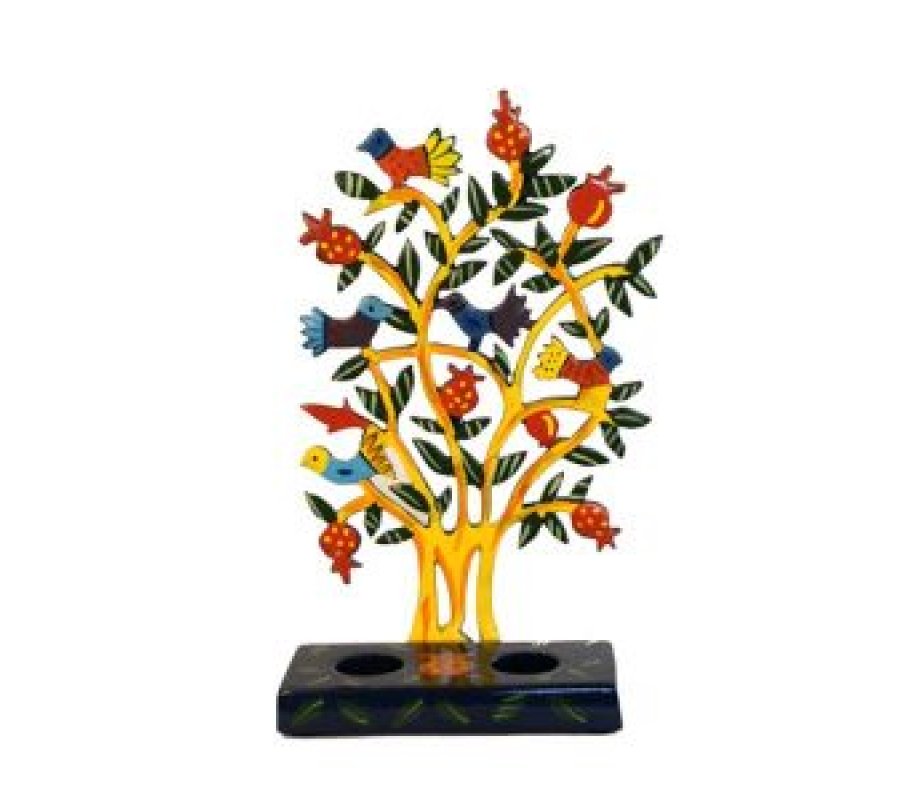 Hand Painted Laser Cut Candlesticks, Pomegranate Tree and Birds - Yair Emanuel