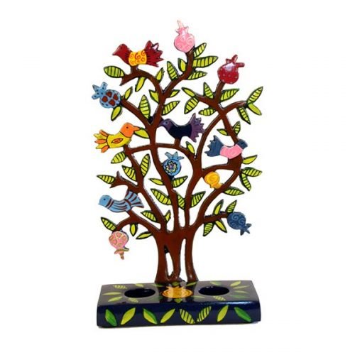 Hand Painted Laser Cut Candlesticks, Pomegranate Tree with Birds - Yair Emanuel
