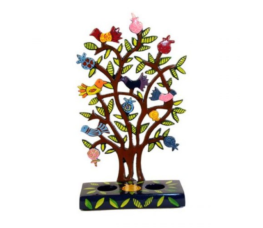 Hand Painted Laser Cut Candlesticks, Pomegranate Tree with Birds - Yair Emanuel
