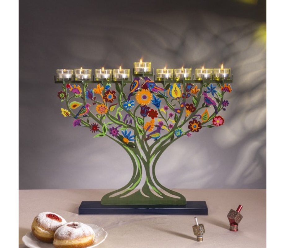 Hand Painted Laser Cut Chanukah Menorah, Pastoral Trees and Birds - Yair Emanuel