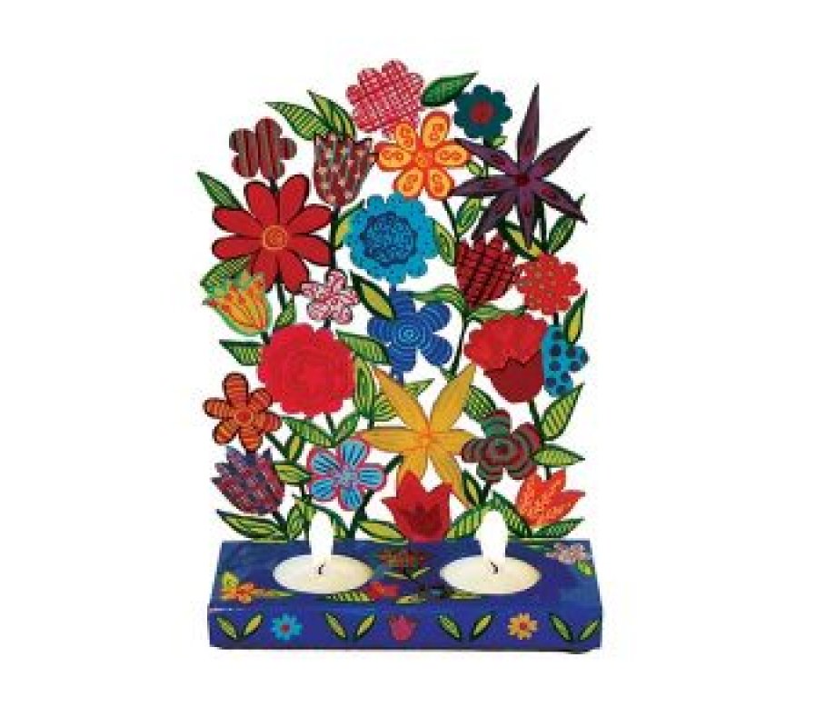 Hand Painted Laser Cut Shabbat Candlesticks, Colorful Flowers - Yair Emanuel