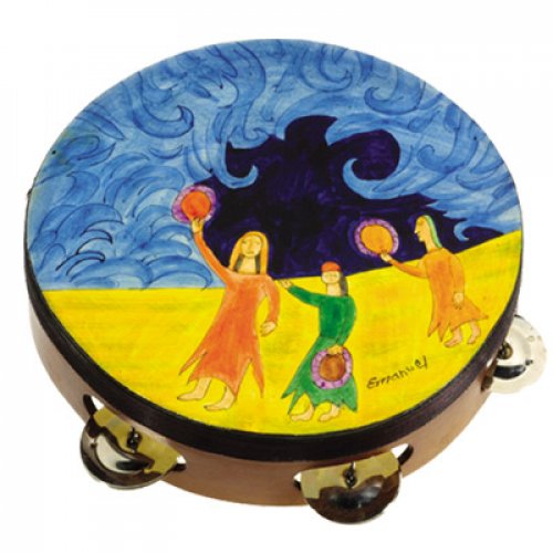 Hand Painted Leather Tambourine, Miriam at Red Sea - Yair Emanuel