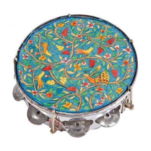 Hand Painted Leather Tambourine, Oriental Forest Scene - Yair Emanuel