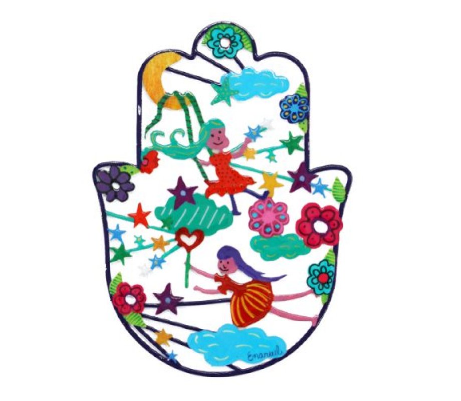 Hand Painted Medium Wall Hamsa Enamel Finish, Colorful Fairies - Yair Emanuel