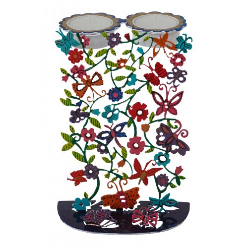 Hand Painted Metal Sabbath Candlesticks, Butterfly and Flowers - Yair Emanuel