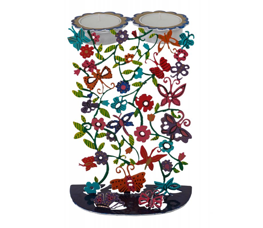 Hand Painted Metal Sabbath Candlesticks, Butterfly and Flowers - Yair Emanuel
