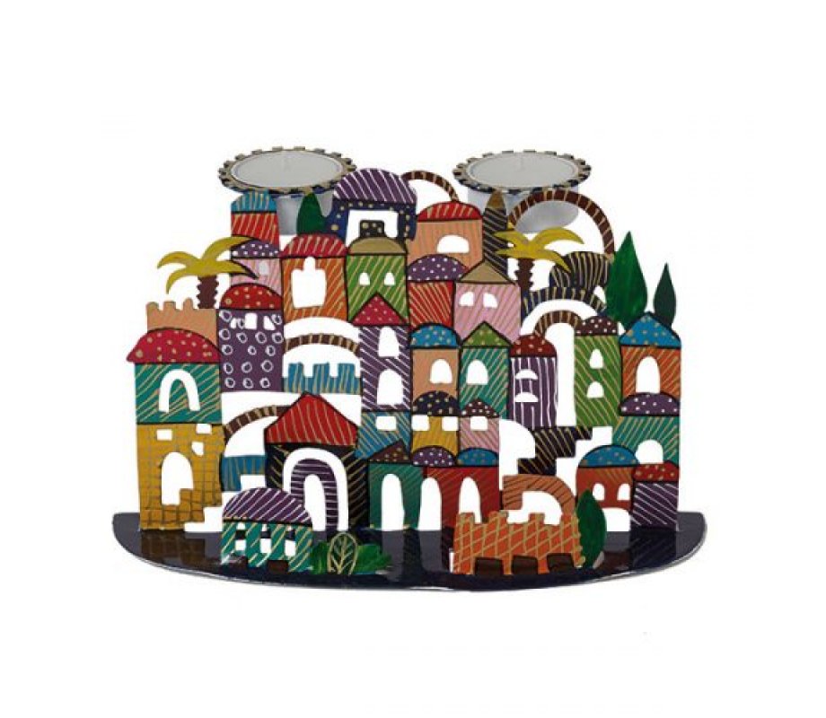 Hand Painted Metal Sabbath Candlesticks, Jerusalem Design - Yair Emanuel