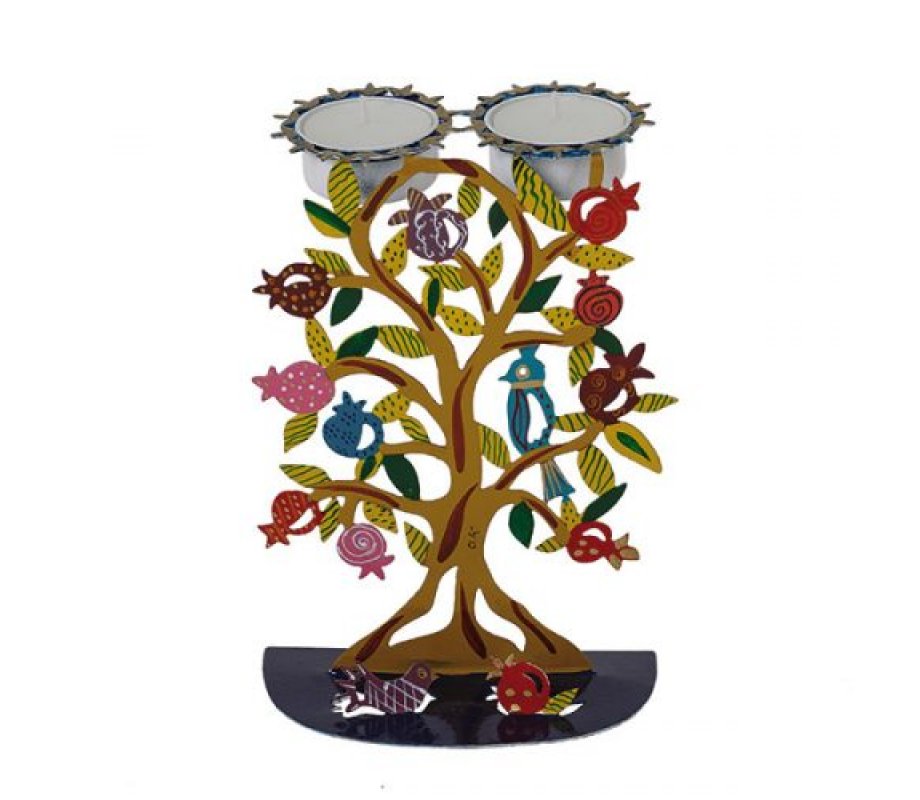 Hand Painted Metal Sabbath Candlesticks, Pomegranates - Yair Emanuel