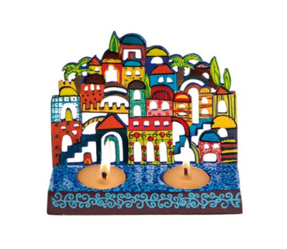 Hand Painted Metal Shabbat Candlesticks, Jerusalem - Yair Emanuel