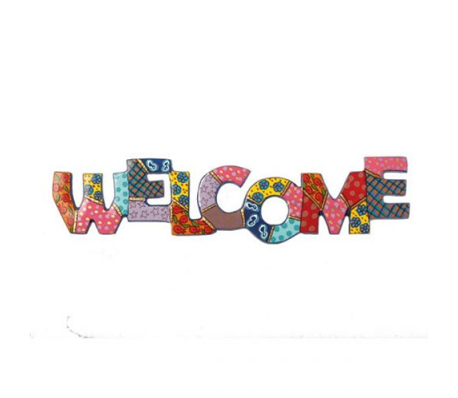 Hand Painted Metal Wall Hanging with Welcome in English, Colorful - Yair Emanuel