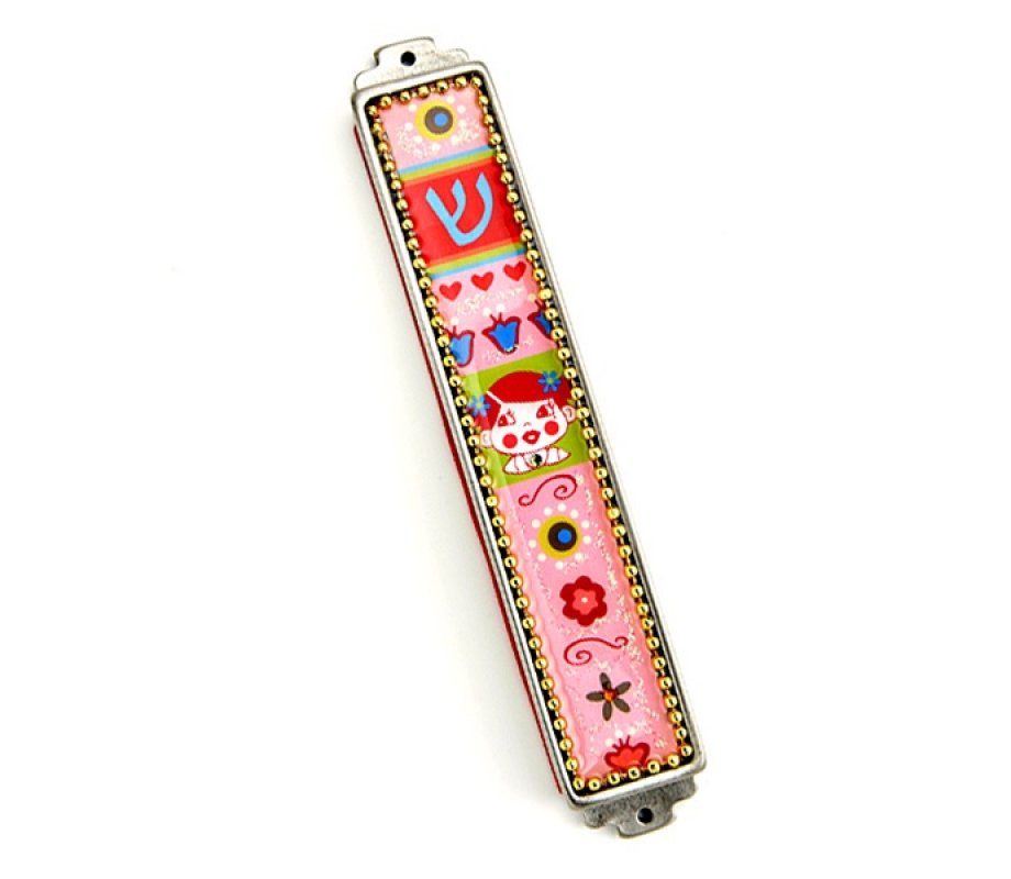 Hand Painted Pink Girls Mezuzah Case, Pewter Enamel Beaded - Iris Design