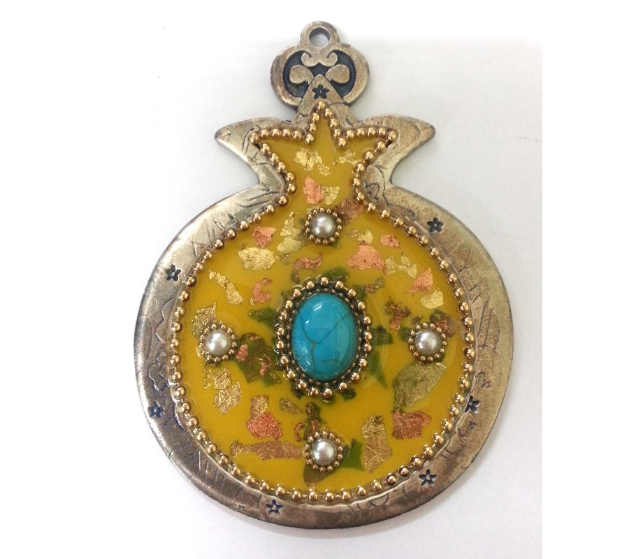 Hand Painted Pomegranate Wall Hanging, Pewter, Enamel and Beads - Iris Design