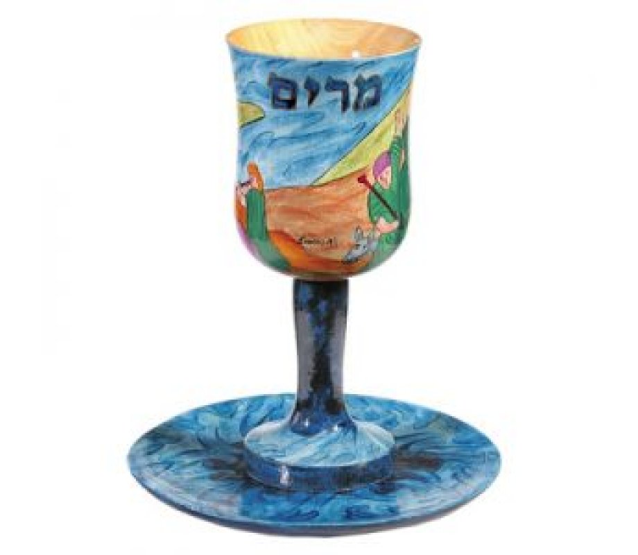 Hand Painted Propetess Miriam Wood Stem Kiddush Cup with Plate - Yair Emanuel