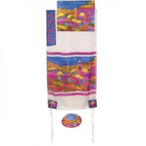 Hand Painted Pure Silk Tallit Set with Colorful Jerusalem Views - Yair Emanuel