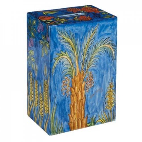 Hand Painted Rectangle Charity Tzedakah Box, Seven Species - Yair Emanuel