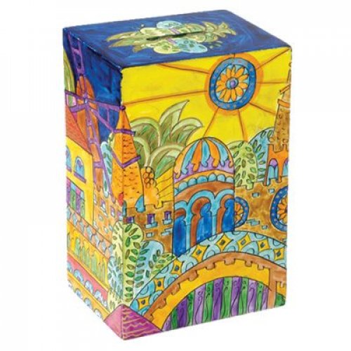 Hand Painted Rectangle Tzedakah Charity Box, Golden Jerusalem - Yair Emanuel