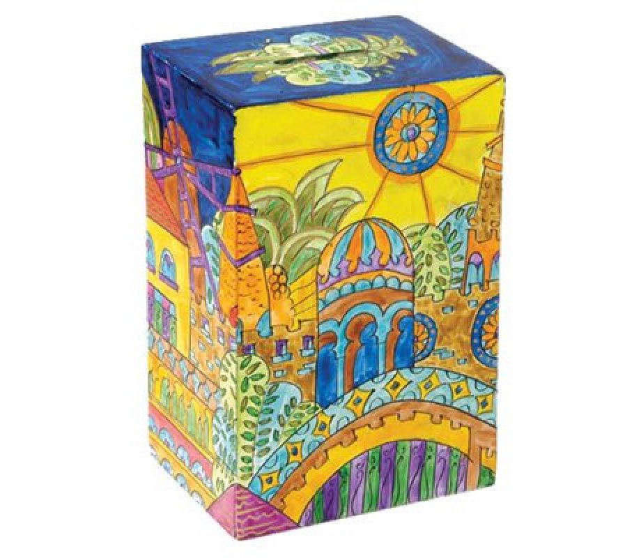 Hand Painted Rectangle Tzedakah Charity Box, Golden Jerusalem - Yair Emanuel