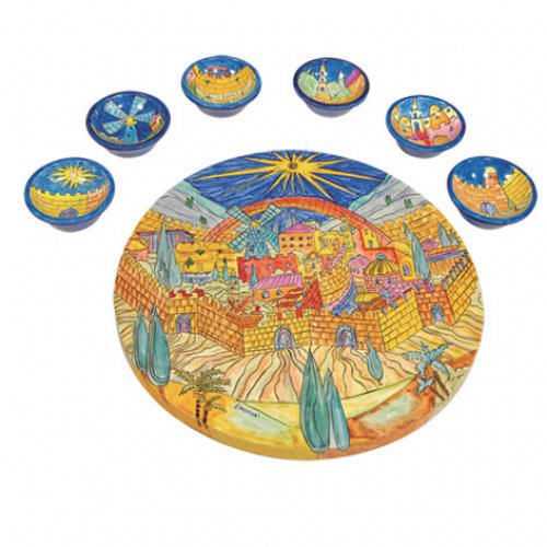 Hand Painted Seder Plate with Six Bowls, Golden Jerusalem - Yair Emanuel