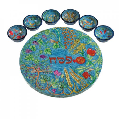 Hand Painted Seder Plate with Six Bowls, Seven Species - Yair Emanuel