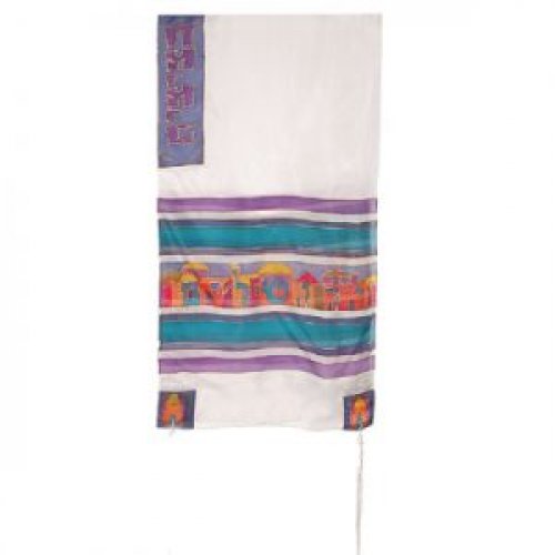 Hand Painted Silk Tallit Set, Jerusalem Images - Yair Emanuel