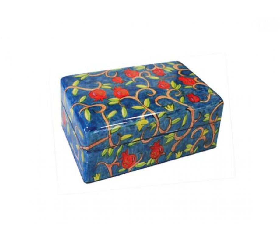 Hand Painted Small Wood Jewelry Box, Leafy Pomegranates - Yair Emanuel