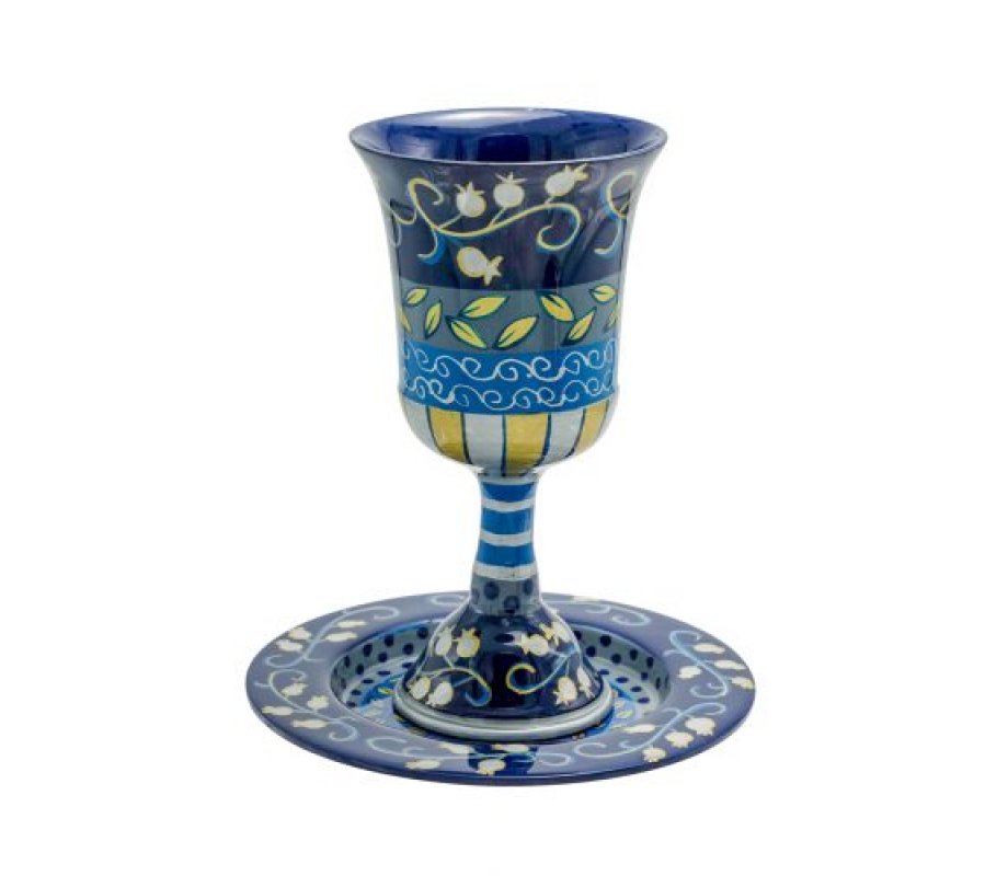 Hand Painted Stem Kiddush Cup, Swirling Pomegranates, Blue - Yair Emanuel