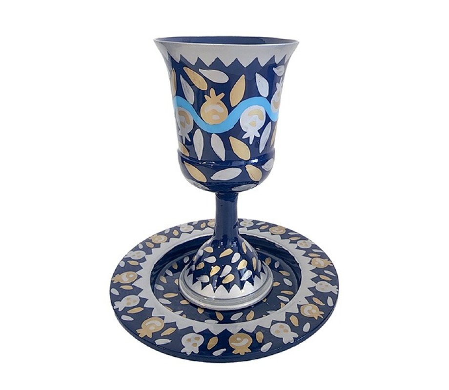 Hand Painted Stem Kiddush Cup, Swirling Pomegranates, Blue - Yair Emanuel