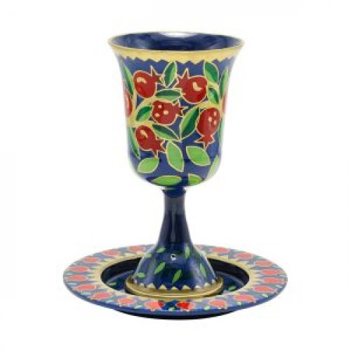 Hand Painted Stem Kiddush Cup, Swirling Pomegranates, Red - Yair Emanuel