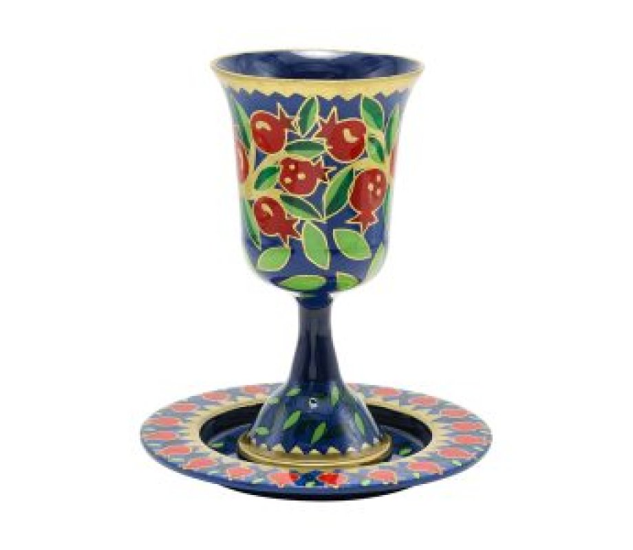 Hand Painted Stem Kiddush Cup, Swirling Pomegranates, Red - Yair Emanuel