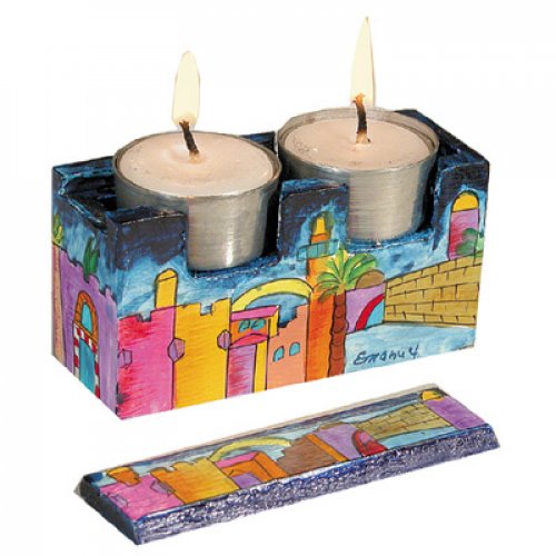 Hand Painted Travel Shabbat Candlesticks in Wood Box, Jerusalem - Yair Emanuel