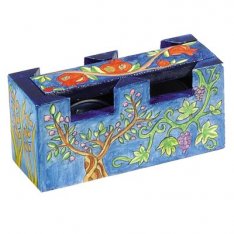 Hand Painted Travel Shabbat Candlesticks in Wood Box, Seven Species - Yair Emanuel