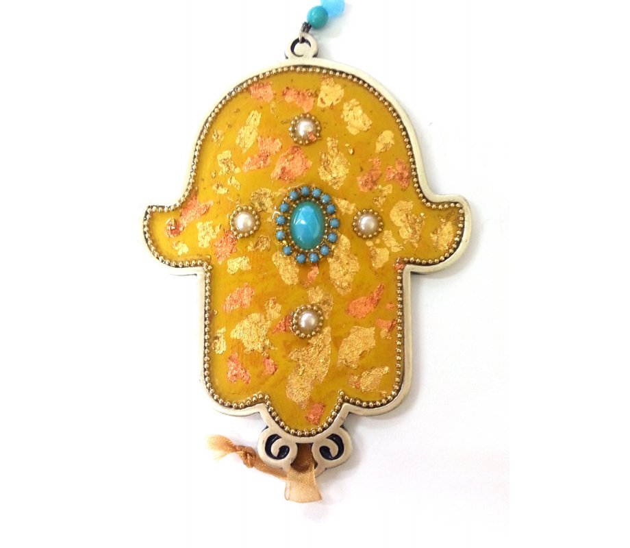 Hand Painted Wall Hamsa, Leaf Design on Gold with Beads and Crystals - Iris Design