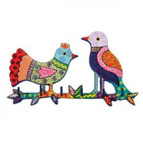 Hand Painted Wall Hanging with Key Holder, Colorful Birds - Yair Emanuel