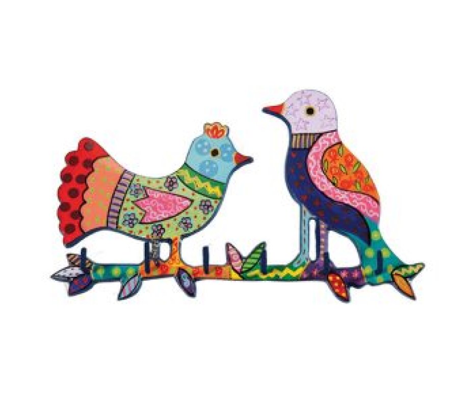 Hand Painted Wall Hanging with Key Holder, Colorful Birds - Yair Emanuel