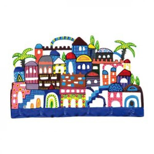 Hand Painted Wall Hanging with Key Holder, Colorful Jerusalem - Yair Emanuel