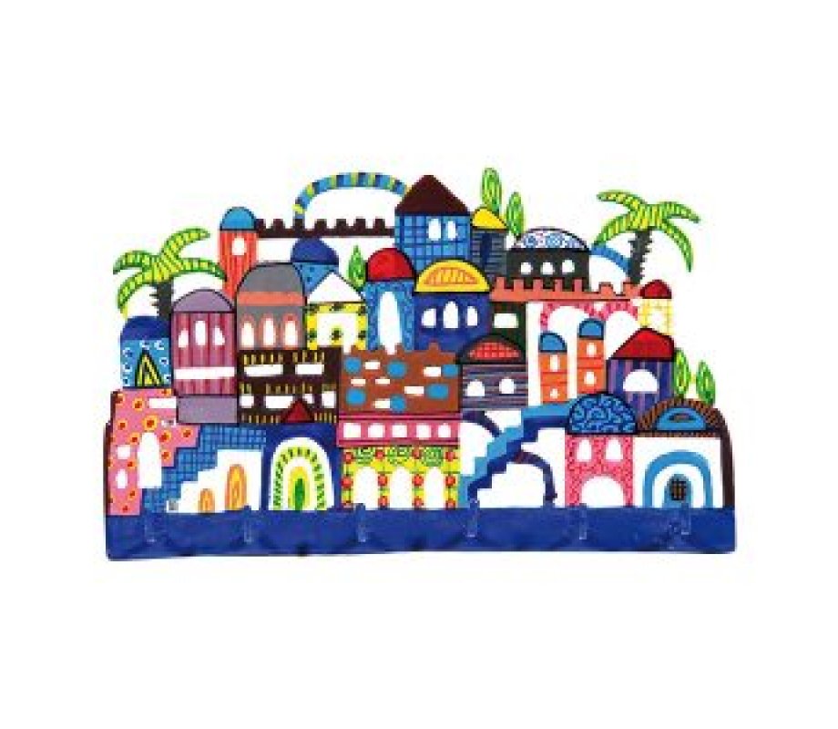 Hand Painted Wall Hanging with Key Holder, Colorful Jerusalem - Yair Emanuel